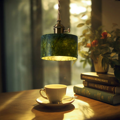 Traditional Vintage Cylinder Jade Metal Glass 1-Light Pendant Light For Bedroom