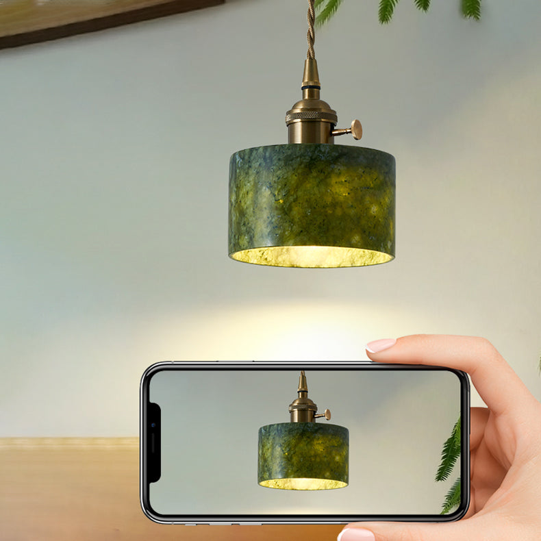 Traditional Vintage Cylinder Jade Metal Glass 1-Light Pendant Light For Bedroom
