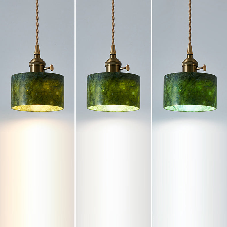 Traditional Vintage Cylinder Jade Metal Glass 1-Light Pendant Light For Bedroom