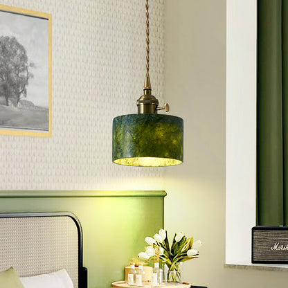 Traditional Vintage Cylinder Jade Metal Glass 1-Light Pendant Light For Bedroom