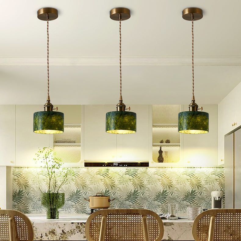 Traditional Vintage Cylinder Jade Metal Glass 1-Light Pendant Light For Bedroom