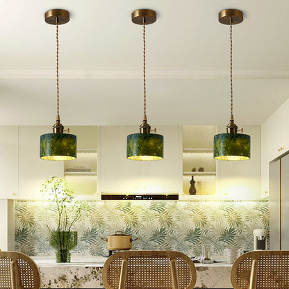 Traditional Vintage Cylinder Jade Metal Glass 1-Light Pendant Light For Bedroom