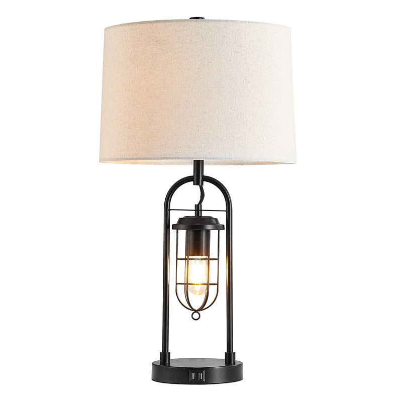 Traditional Vintage Cylinder Linen Metal 1-Light Table Lamp For Bedroom