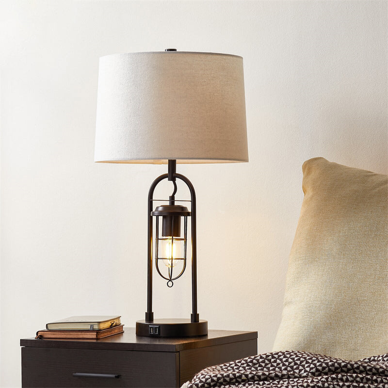 Traditional Vintage Cylinder Linen Metal 1-Light Table Lamp For Bedroom