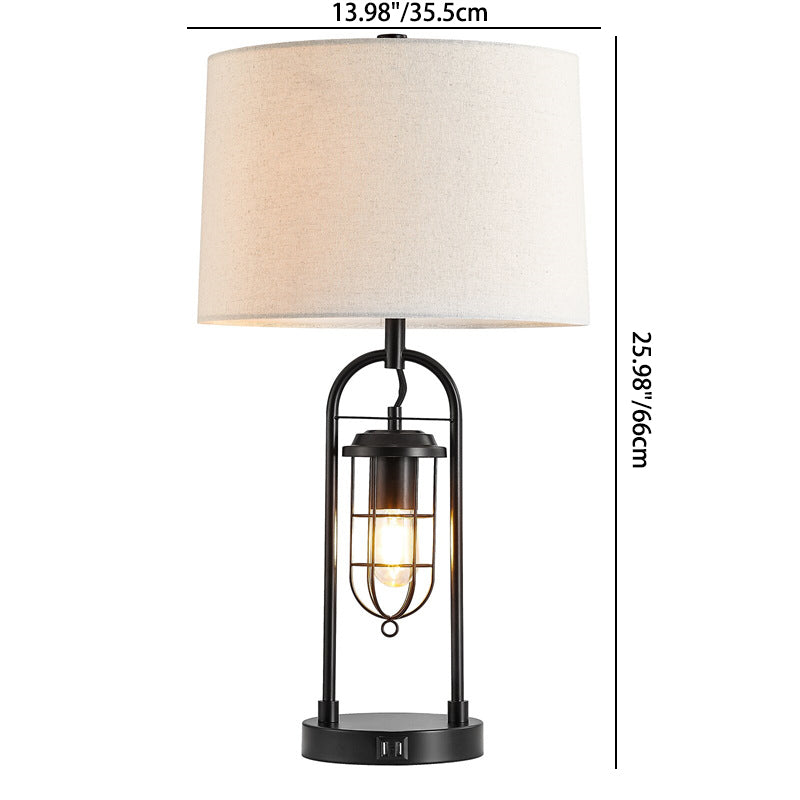 Traditional Vintage Cylinder Linen Metal 1-Light Table Lamp For Bedroom