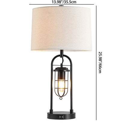 Traditional Vintage Cylinder Linen Metal 1-Light Table Lamp For Bedroom