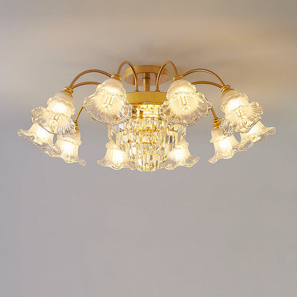 Modern Luxury Flower Iron Crystal Glass 3/6/8 Light Semi-Flush Mount Ceiling Light For Living Room