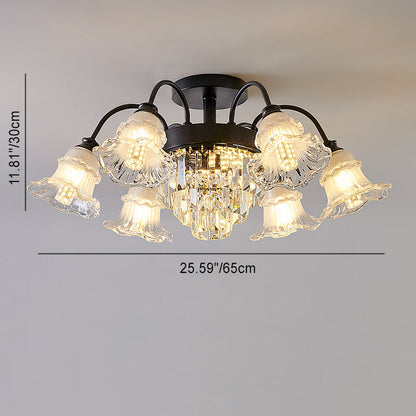Modern Luxury Flower Iron Crystal Glass 3/6/8 Light Semi-Flush Mount Ceiling Light For Living Room