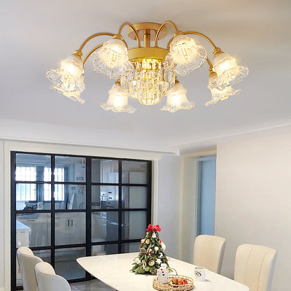 Modern Luxury Flower Iron Crystal Glass 3/6/8 Light Semi-Flush Mount Ceiling Light For Living Room