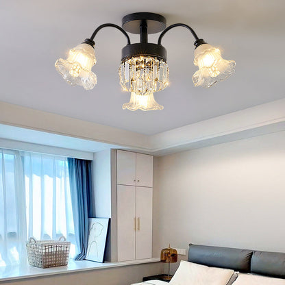 Modern Luxury Flower Iron Crystal Glass 3/6/8 Light Semi-Flush Mount Ceiling Light For Living Room
