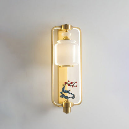 Traditional Chinese Elk Cylinder Copper Jade Glass LED Wall Sconce Lamp For Living Room
