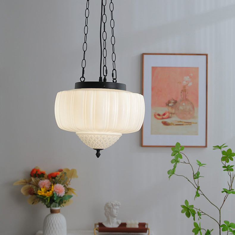 Traditional Vintage Diamond Round Iron Glass 3-Light Pendant Light For Bedroom