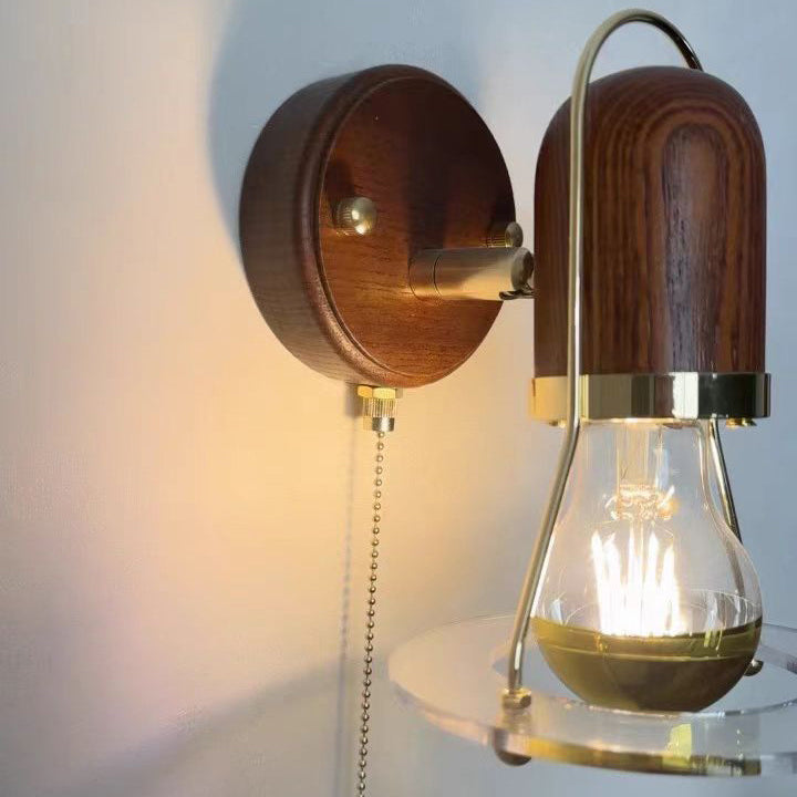 Contemporary Scandinavian Bell Walnut Wood Metal 1-Light Wall Sconce Lamp For Bedroom