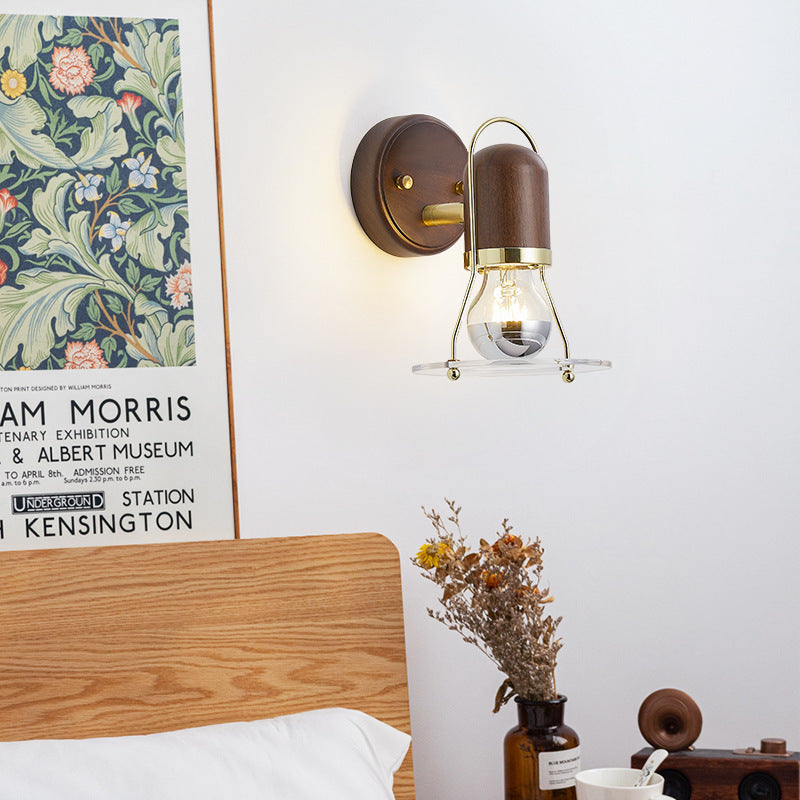 Contemporary Scandinavian Bell Walnut Wood Metal 1-Light Wall Sconce Lamp For Bedroom