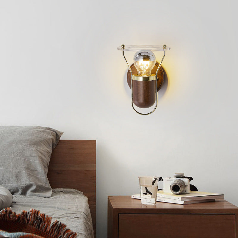 Contemporary Scandinavian Bell Walnut Wood Metal 1-Light Wall Sconce Lamp For Bedroom
