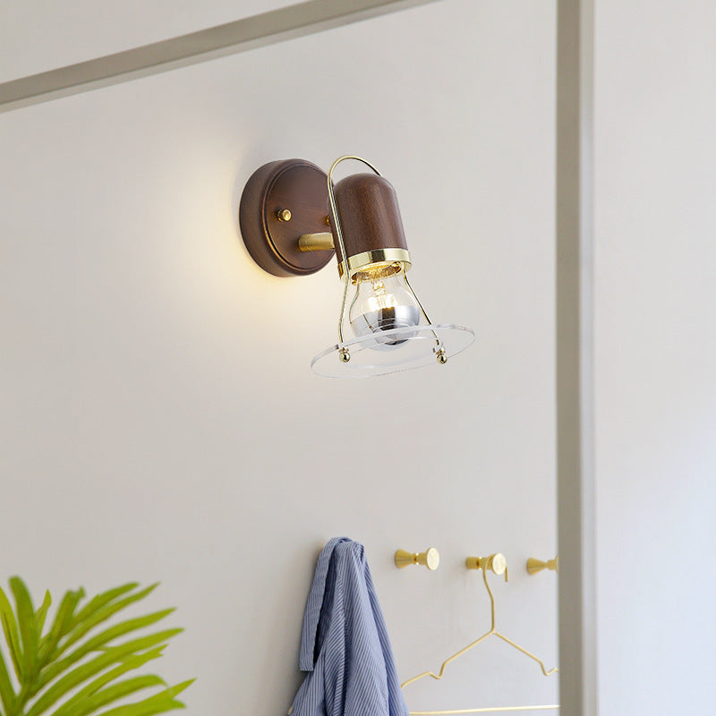 Contemporary Scandinavian Bell Walnut Wood Metal 1-Light Wall Sconce Lamp For Bedroom
