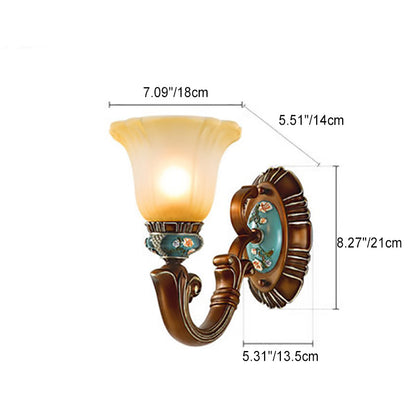 Traditional Vintage Flower Resin Iron Glass 1-Light Wall Sconce Lamp For Bedroom