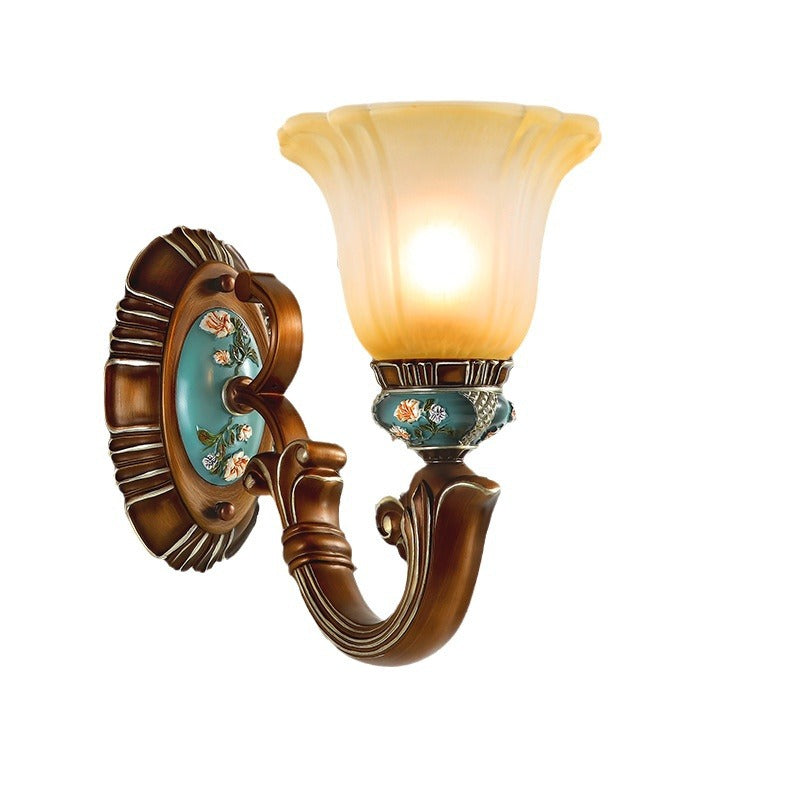 Traditional Vintage Flower Resin Iron Glass 1-Light Wall Sconce Lamp For Bedroom