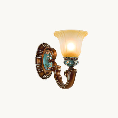 Traditional Vintage Flower Resin Iron Glass 1-Light Wall Sconce Lamp For Bedroom