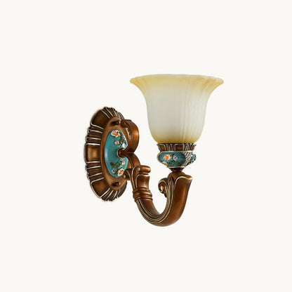 Traditional Vintage Flower Resin Iron Glass 1-Light Wall Sconce Lamp For Bedroom