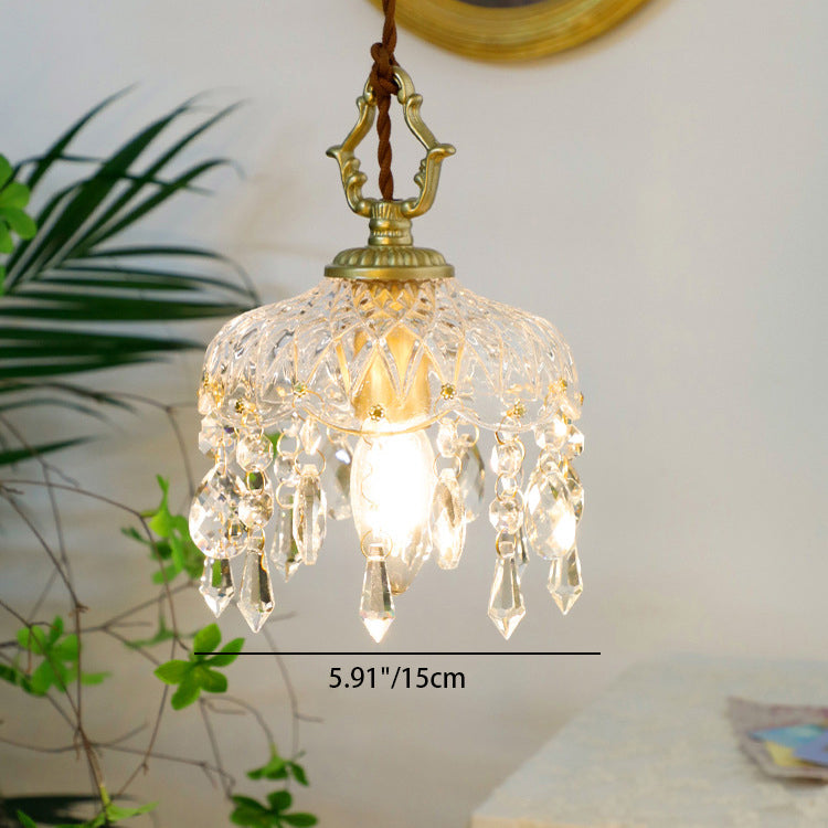 Traditional Vintage Round Glass Crystal Copper 1-Light Pendant Light For Bedroom