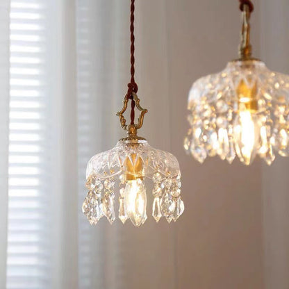 Traditional Vintage Round Glass Crystal Copper 1-Light Pendant Light For Bedroom