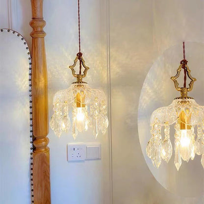 Traditional Vintage Round Glass Crystal Copper 1-Light Pendant Light For Bedroom