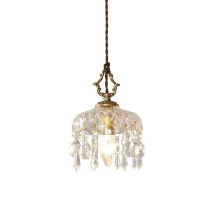 Traditional Vintage Round Glass Crystal Copper 1-Light Pendant Light For Bedroom