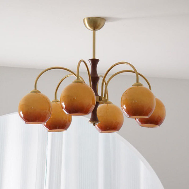 Traditional Vintage Sphere Glass Iron Wood 3/6 Light Chandelier For Living Room