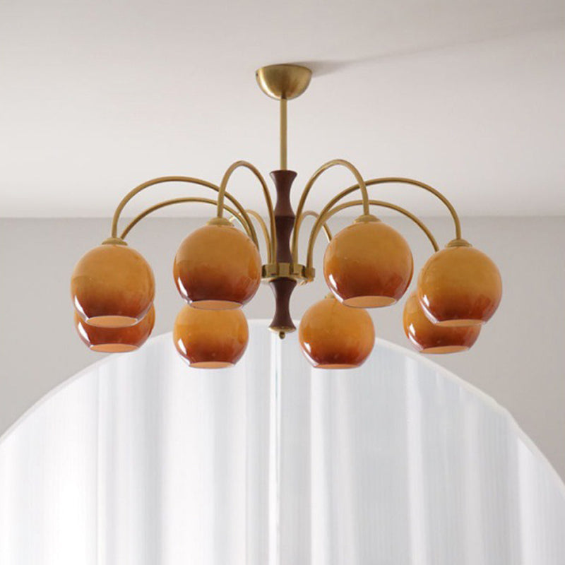 Traditional Vintage Sphere Glass Iron Wood 3/6 Light Chandelier For Living Room