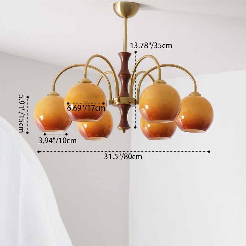 Traditional Vintage Sphere Glass Iron Wood 3/6 Light Chandelier For Living Room