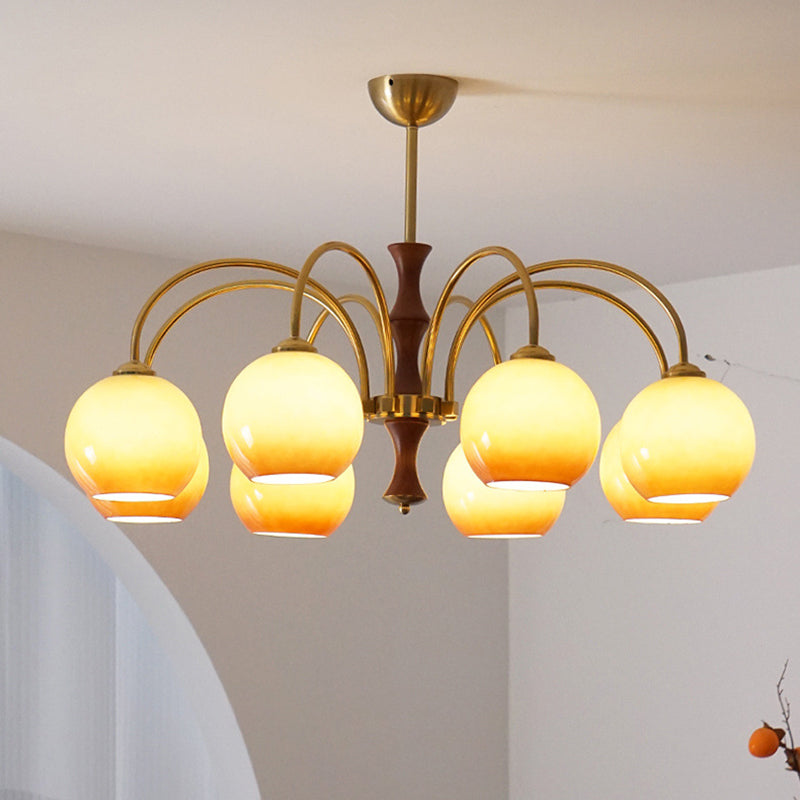 Traditional Vintage Sphere Glass Iron Wood 3/6 Light Chandelier For Living Room
