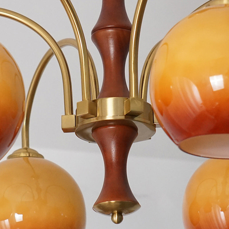 Traditional Vintage Sphere Glass Iron Wood 3/6 Light Chandelier For Living Room