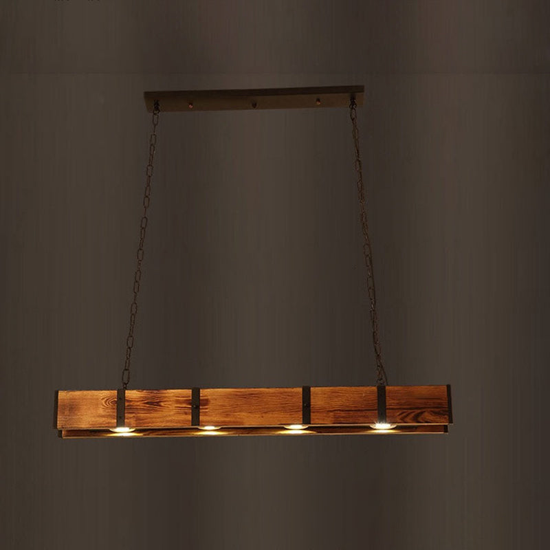 Traditional Vintage Rectangular Solid Wood Iron Glass LED Chandelier Island Light For Dining Room