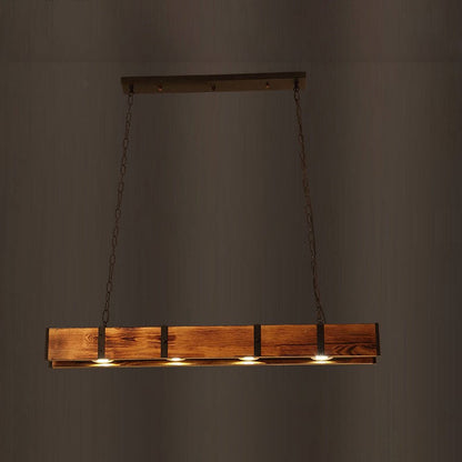 Traditional Vintage Rectangular Solid Wood Iron Glass LED Chandelier Island Light For Dining Room