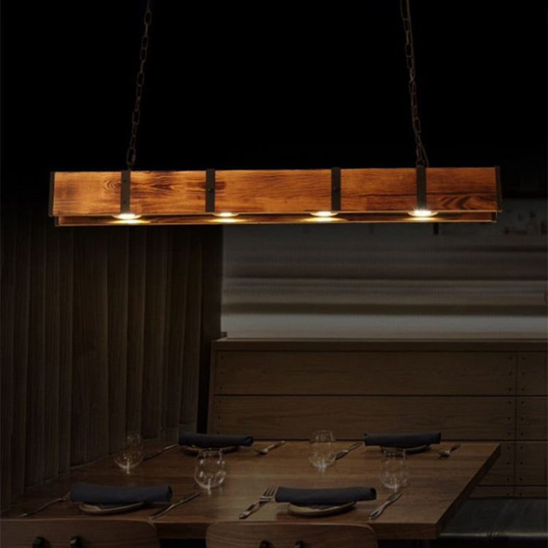 Traditional Vintage Rectangular Solid Wood Iron Glass LED Chandelier Island Light For Dining Room