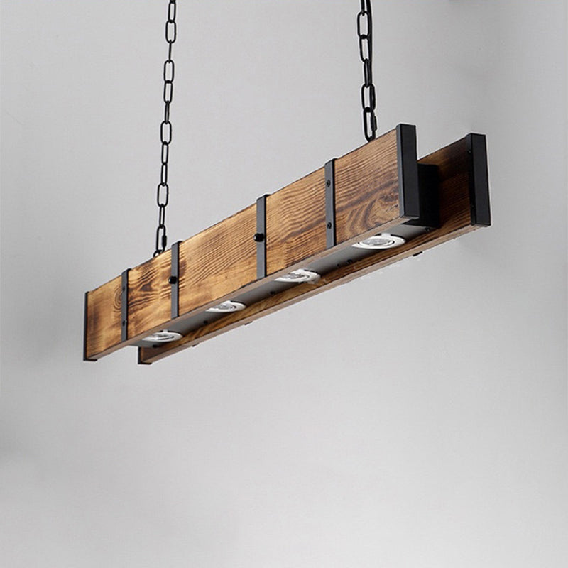 Traditional Vintage Rectangular Solid Wood Iron Glass LED Chandelier Island Light For Dining Room