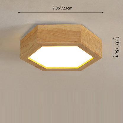 Modern Minimalist Hexagonal Solid Wood Metal LED Flush Mount Ceiling Light For Bedroom