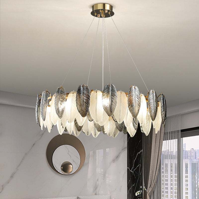 Modern Luxury Feather Round Iron Glass 4/5/6/8 Light Chandelier For Living Room