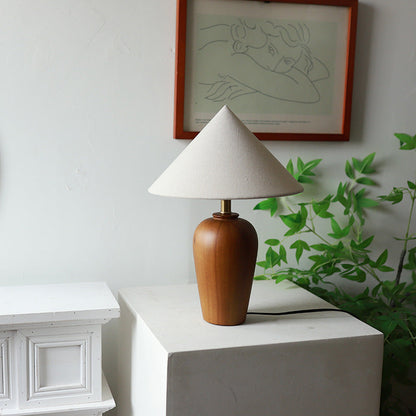 Traditional Vintage Cone Solid Wood Fabric Metal 1-Light Table Lamp For Bedroom