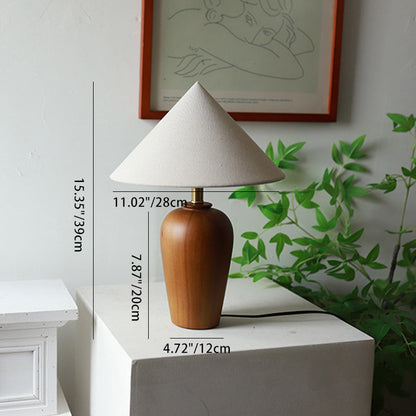 Traditional Vintage Cone Solid Wood Fabric Metal 1-Light Table Lamp For Bedroom