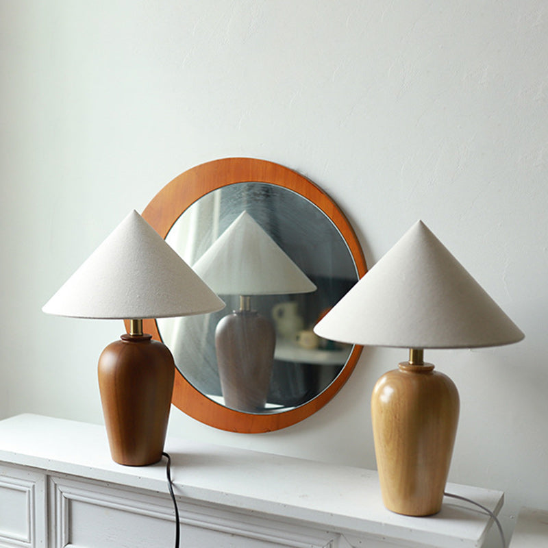 Traditional Vintage Cone Solid Wood Fabric Metal 1-Light Table Lamp For Bedroom