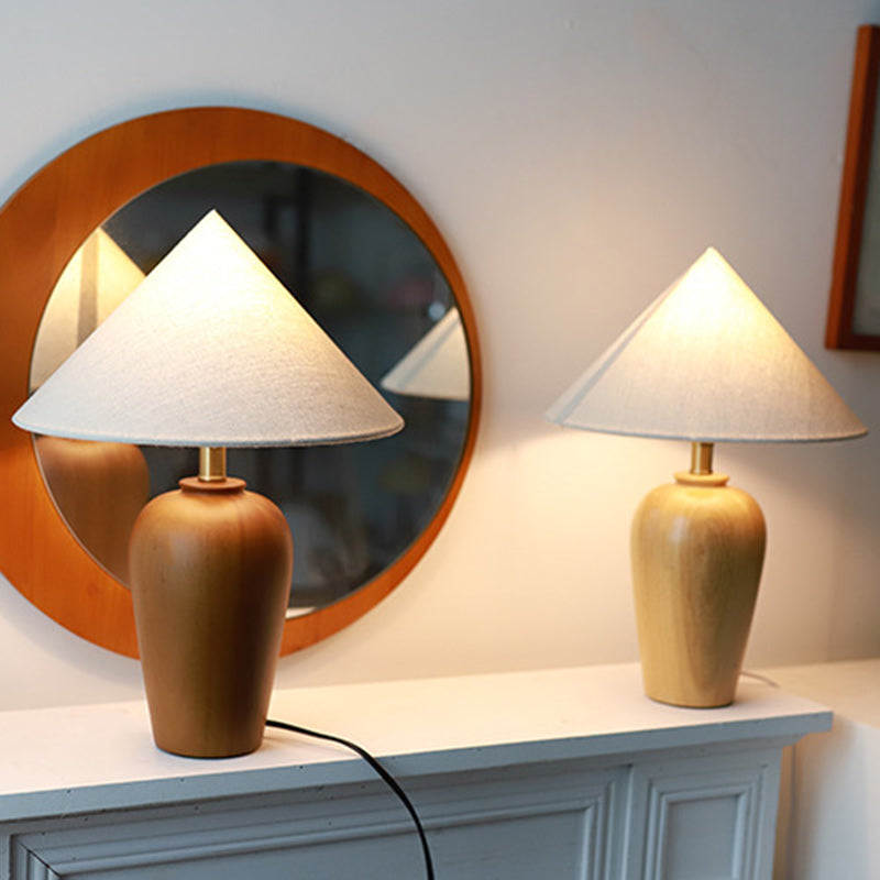 Traditional Vintage Cone Solid Wood Fabric Metal 1-Light Table Lamp For Bedroom