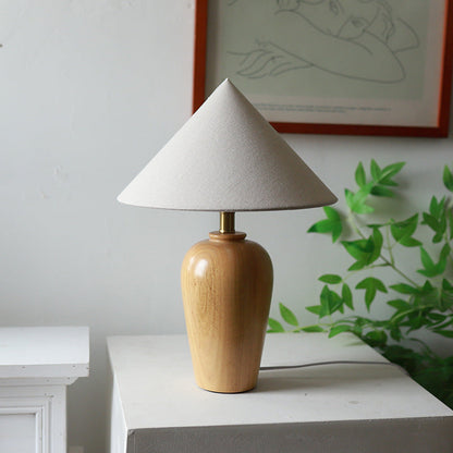Traditional Vintage Cone Solid Wood Fabric Metal 1-Light Table Lamp For Bedroom