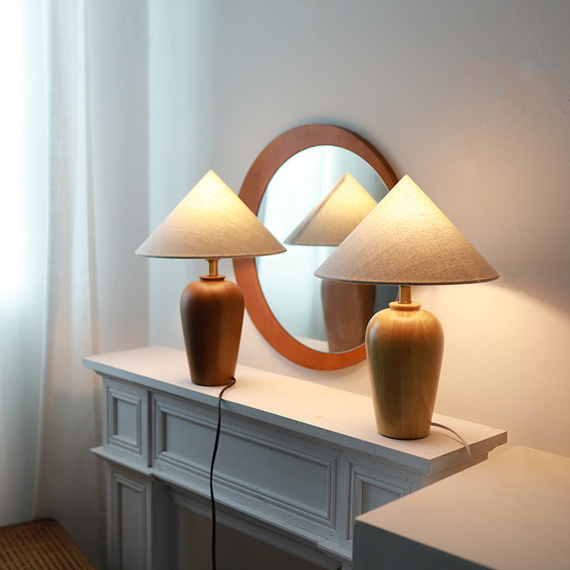 Traditional Vintage Cone Solid Wood Fabric Metal 1-Light Table Lamp For Bedroom