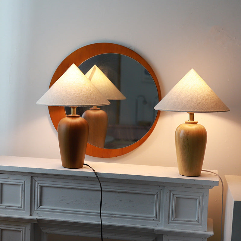 Traditional Vintage Cone Solid Wood Fabric Metal 1-Light Table Lamp For Bedroom