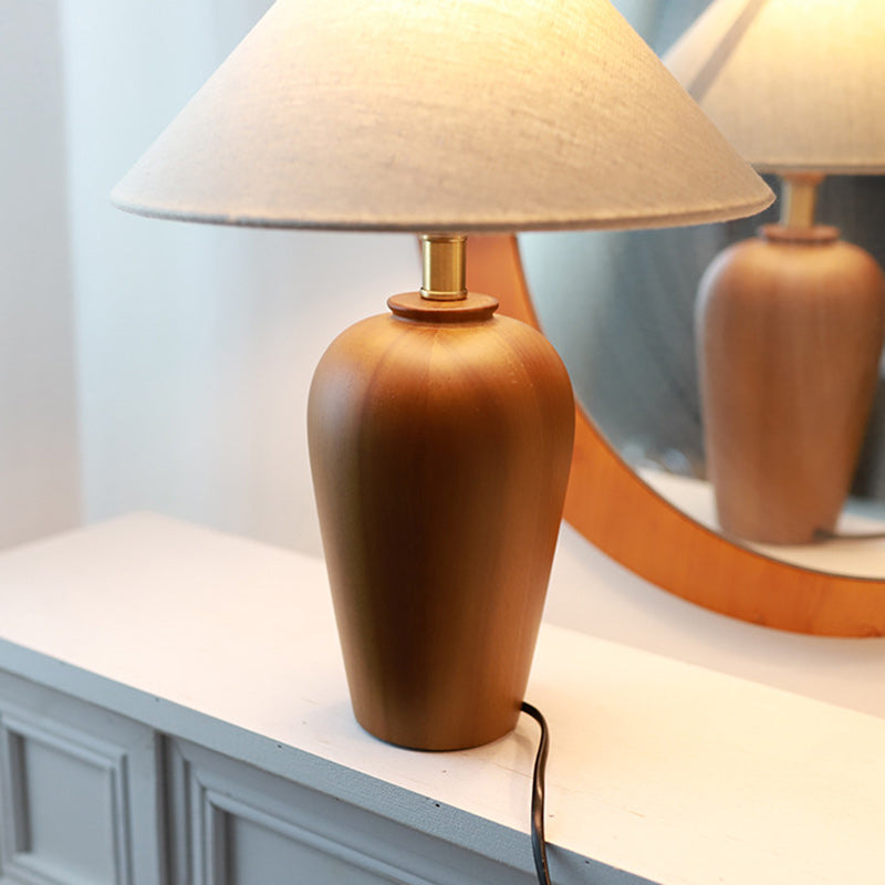 Traditional Vintage Cone Solid Wood Fabric Metal 1-Light Table Lamp For Bedroom