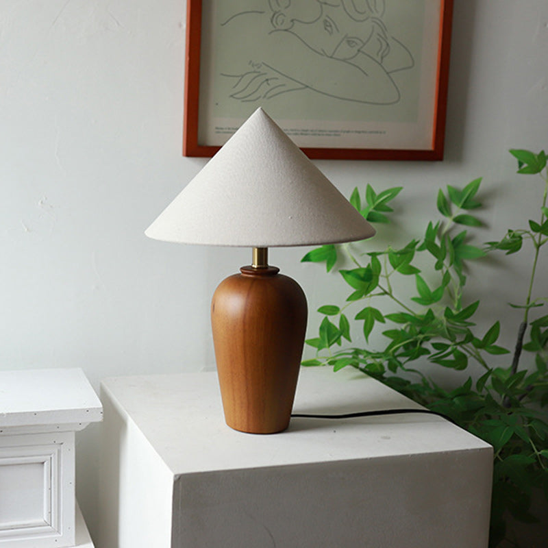 Traditional Vintage Cone Solid Wood Fabric Metal 1-Light Table Lamp For Bedroom