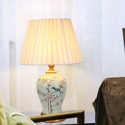 Traditional Chinese Frustum Cone Ceramic Fabric 1-Light Table Lamp For Bedroom