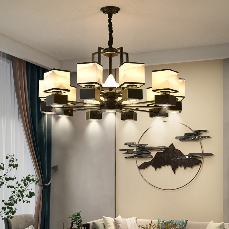 Traditional Chinese Square Iron Fabric 6/8 Light Chandelier For Living Room